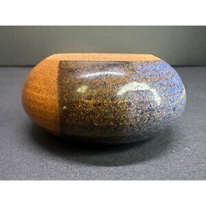 Vtg Pottery Trinket Dish 2.5" DIA Blue Brown Black Multicolored Glazed Decor